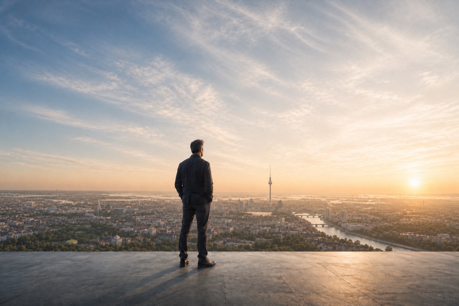 Person mit Blick über Berlin und das Umland im Morgenlicht