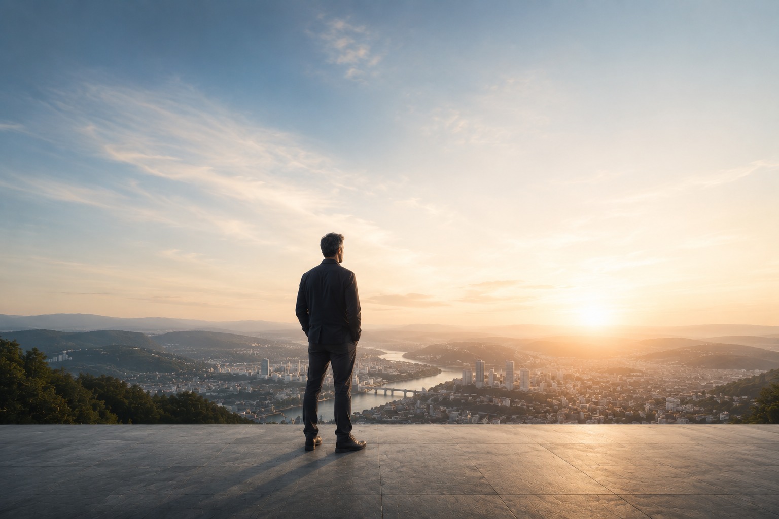 Person mit Blick über eine Stadt im Morgenlicht